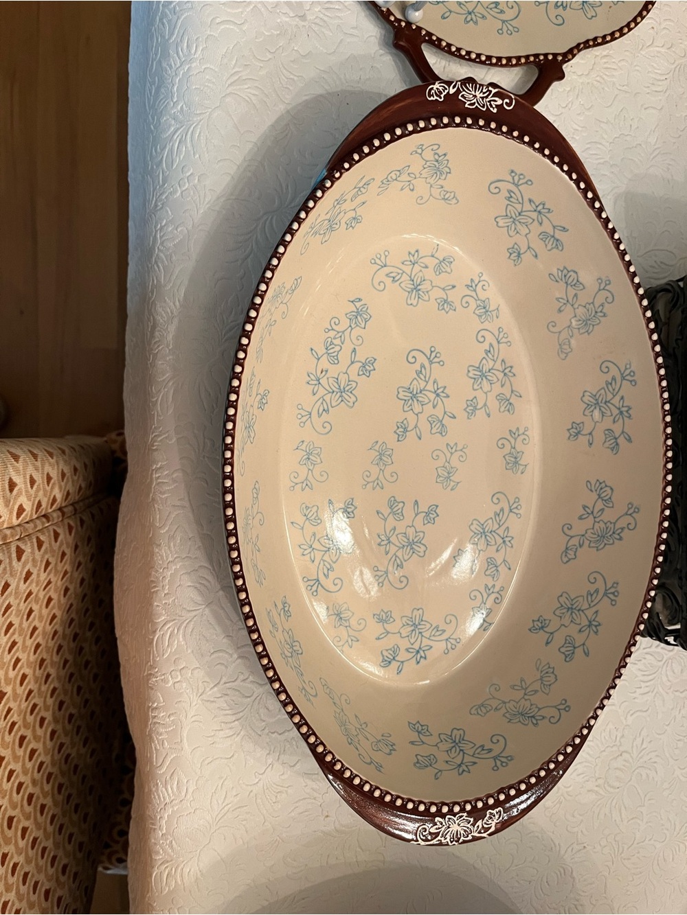Temp-Tations Cream and Blue Floral Oval Serving Platter with Brown Trim